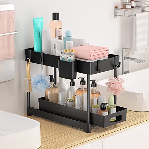 2 Pack Organizadores Bajo Fregadero con Cajón Deslizante, Organizador de 2 Niveles con 8 Ganchos y 2 Vasos Colgantes, Multiusos para Cocina y Baño, Negro miniatura 5