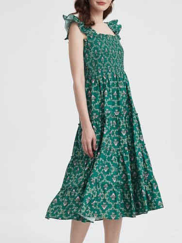 LifeShe Women Summer Floral Midi Flowy Dress Square Neck Smocked Flutter Sleeve Tiered Beach Boho Wedding Guest Dresses3