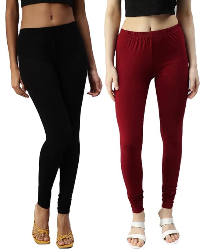 shopyidol Leggings for Women Lycra Combo | Regular Fit 4Way Full Length Churidar Leggings Combo (Pack of 2)(Black and Maroon)-picture-32