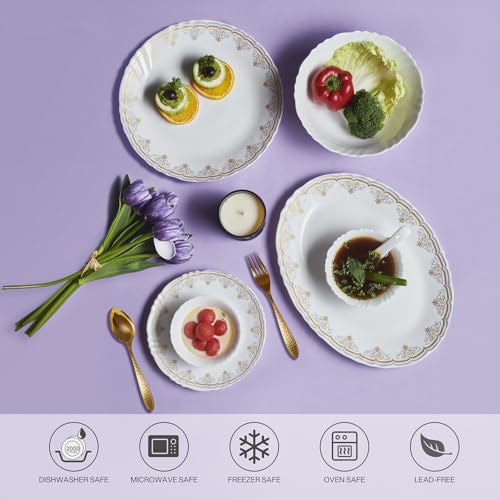 Image of CELLO Victor Imperial Plus Series Opalware Dinner Set of 33 Pieces For Family of 6 | Bone-Ash Free & Leadfree Opal Glass Microwave & Dishwasher Safe Crockery Plates & Bowls Set For Daily Use & Gifting