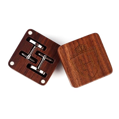 Image of Mens Initial Silver Cufflinks A-Z Alphabet Letter Steel Cuff Links with Engraved Walnut Wood Box Groom Groomsman Wedding Set