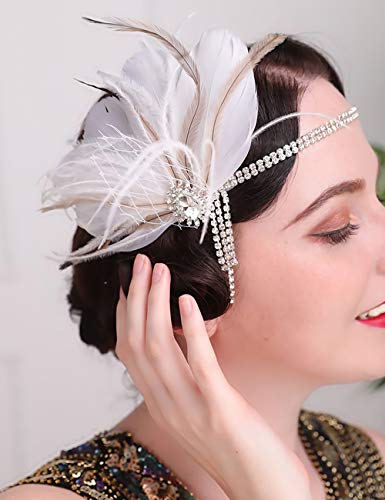 Aimimier Bridal 1920S Flapper Feather Headband With Crystal Head Chain Tassel White Feather Roaring 20S Headpiece Prom Party Festival Gatsby Hair Jewelry For Women And Girls #TOP25
