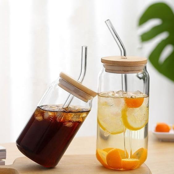 Image of VILON Drinking Glass Can Wooden Lid Sipper Mason Jar for Mojito Ice Tea Juice Travel Mug with Straw | 540ml | Set of 6 (Round Bamboo Sipper 540 ML)