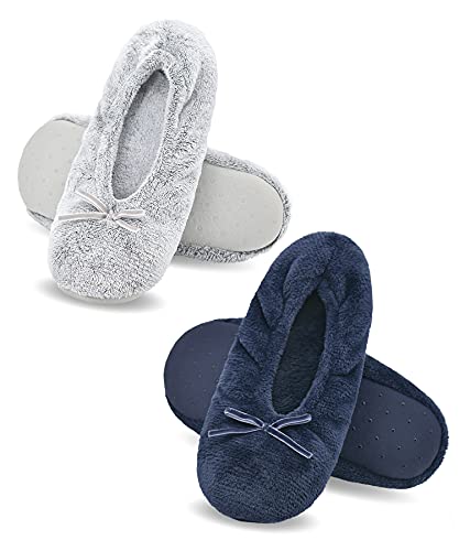 Women's Ballerina House Slippers, Anti-Skid Comfy Warm Ballet Style Slippers, Gray&navy, 5-7.5 M US