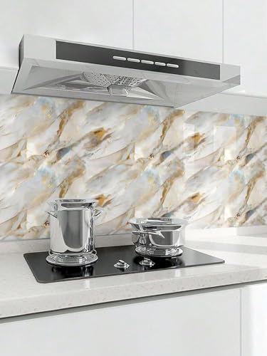 Image of TEKCOOL Wallpaper Waterproof&oilproof Kitchen Tiles Heat Resistant self Adhesive PVC Flooring Sheets Wall Stickers for Floor Kitchen,Wall,Bedroom, Living Room Wallpaper roll(60x200cm-4 pc)(Cream Gold)
