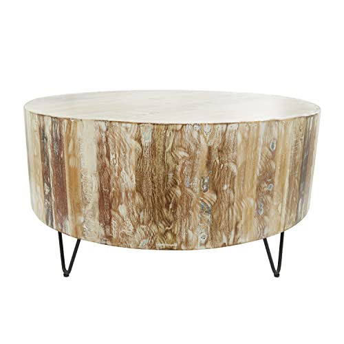 Deco 79 Mango Wood Round Coffee Table With Black Metal Hairpin Legs, 37" X 37" X 18", Brown #TOP4