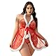 TINAYAUE Damen Sexy Nachthemd Weihnachten Mesh Pyjama Set Kurzes Unterwäsche-Set mit V-Ausschnitt Rückenfreies Neckholder Nachthemd mit Plüsch Glänzendes, leichtes Gewand mit G-String