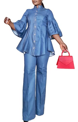 Casual Denim 2 Piece Outfit for Women - 3/4 Sleeve Button Down Shirt + Wide Leg Pants Sets Plus Size Sweatsuits Set
