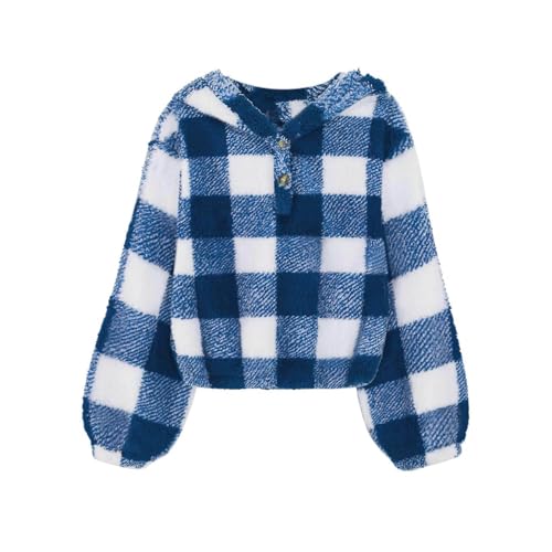 Teen Girls Fuzzy Hoodies Plaid Warm Button Pullover Kids Trendy Preppy Oversized Warm Crop Plain Long Sleeve T-Shirt