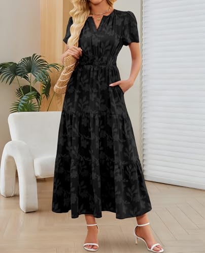Image of Women's Maxi Dresses Boho Burnout V Neck Short Puff Sleeve Smocked Empire Waist Long Wedding Guest Semi Formal Dress Pockets