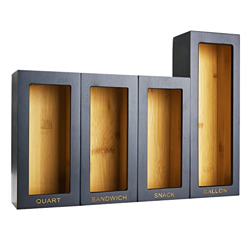 Cozee Bay Bamboo food Bag Organizer for Kitchen Drawer, Baggie organizer, Compatible with Gallon, Quart, Sandwich and Snack Variety Size Bags (4 Piece Set) (Black)