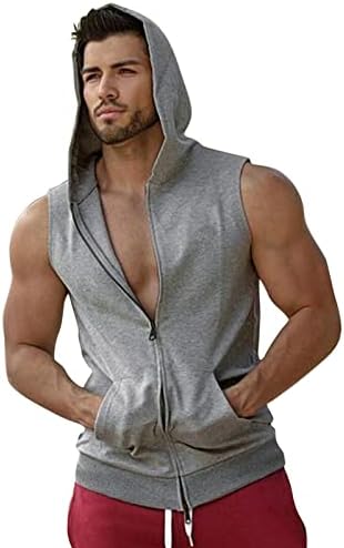 BAJAC Mens Hooded Zipper Tank Tops Bodybuilding Muscle Cut Off T Shirt Sleeveless Gym Training Hoodies Workout Athletic Tee(Grey,Medium)