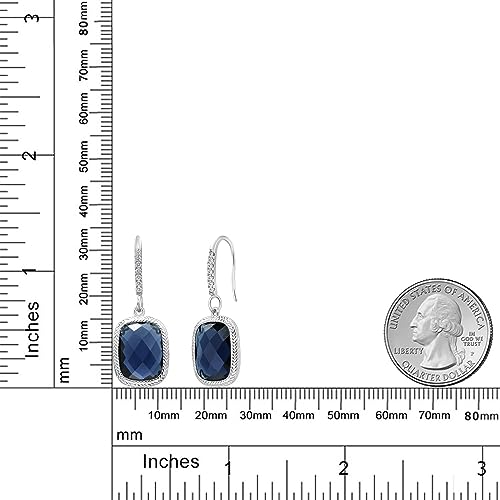 Gem Stone King Blue Simulated Sapphire Drop Dangle French Wire Earrings For Women | 925 Sterling Silver | 13X9MM Cushion Checkerboard Cut | 4.60 Cttw3