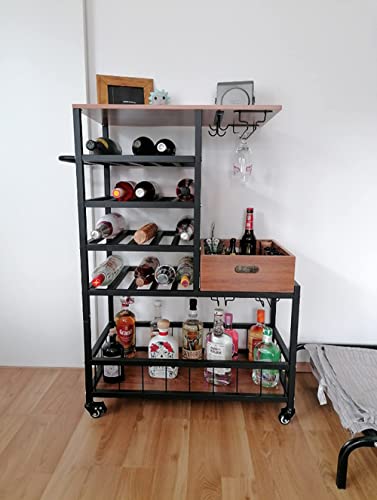 TUTOTAK Servierwagen Mit Weinregal & Glashalter – Rollbarer Multifunktionswagen Für Küche, Bar & Wohnzimmer
