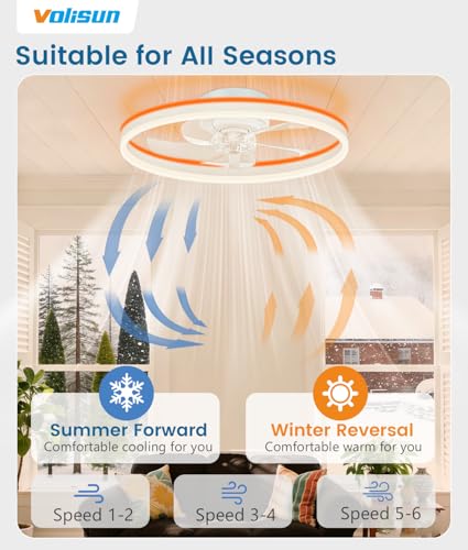 Image of VOLISUN RGB Ceiling Fans with Lights and Remote, 20in Low Profile Ceiling Fans with Lights Flush Mount, 3000K-6500K Dimmable Fandelier LED Fan Light, White Bladeless Ceiling Fans for Bedroom
