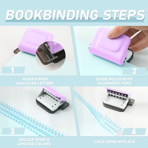 Spiralbindemaschine – Mini-6-Loch-Locher, kreative DIY-Buchbindemaschine für Planer, A4 – 30 Löcher, A5 – 20, B5 – 26 Löcher mit 16 Stück 6-Loch-Loseblatt – Violett
