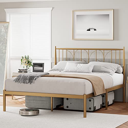 Senfot Bed Frame, Gold Metal Queen Size Platform Bed Frame With Headboard, Heavy Duty Metal Slat Support, Mattress Foundation, Noise Free Design, Easy Installation, Gold #TOP2