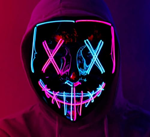 KaTiSeMo Halloween Mask LED Light Up Purge Mask with 3 Lighting Modes EL Wire Neon Scary Mask for Adults Festival Cosplay Costume Masquerade Carnival Party Gifts