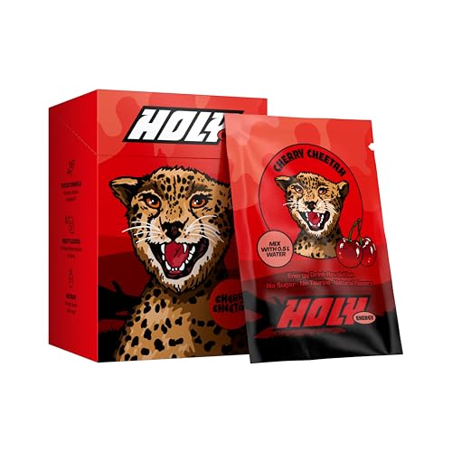 HOLY Energy Booster 10er Probier-Box 'Cherry Cheetah' mit Kirsch Geschmack Pulver | 10 Portionen mit NewCaff & Grüntee Extrakt Vegan mit 100% natürlichen Fruchtaromen