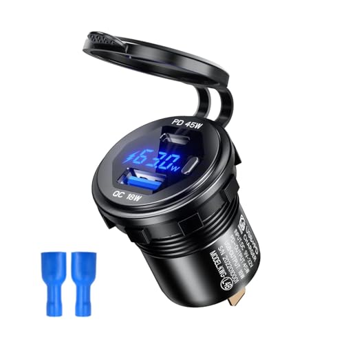 Compatible 45W Type-C PD QC3.0 USB Car Charger Socket for Auto, Truck, Boat, RV, Bus, Motor - Fast Charge with Voltmeter Switch, Alloy Shell (Blue with Terminal)