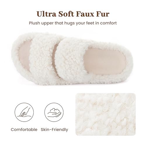 Image of RockDove Women's Pluffie Open Toe Slippers | Arch Support & Memory Foam, Cozy Faux Fur, Gift-Ready Design, Indoor & Outdoor Comfort