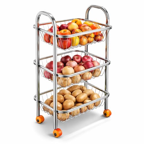 Image of OBEROI'S TRADERS Stainless Steel Vegetable & Fruit Storage Rack with Wheels, Kitchen Storage Basket Organizer, Rust Proof Stand for Onion, Potato, Fruits & Vegetables Trolley (3 Rack)