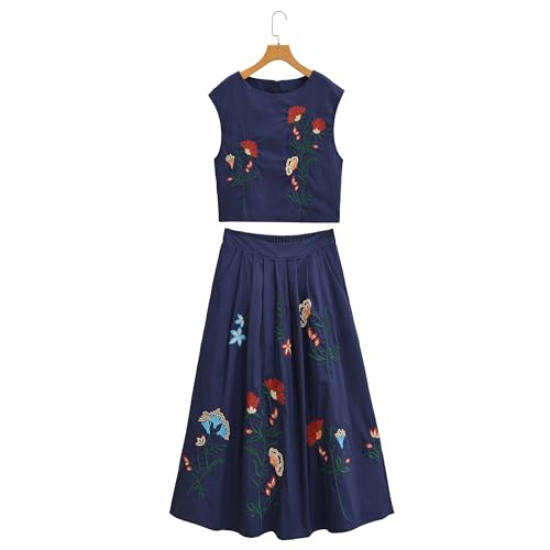 Image of Women Floral Embroidery Dress Sleeveless 2 Piece Tank Top and Skirt Loose Fit Boho Dress