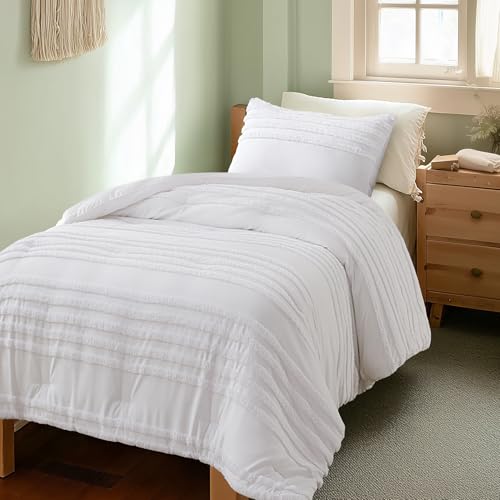 Image of BEDELITE Boho Twin /Twin XL Comforter Set,White Tufted Striped Bed Set 2 Pieces, Soft Vintage Farmhouse Comforter for College, Boho Home Dorm Decor, Fluffy Jacquard Bedding with 1 Pillow Sham