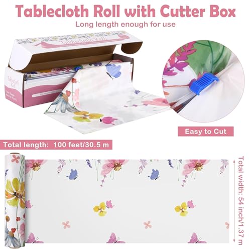 Image of Kochorie Spring Flower Tablecloth Roll with Cutting Box 54 Inch x 100 Feet Butterfly Wildflower Plastic Disposable Tablecloth Picnic Themed Backdrop Tea Party Supplies for Holiday Weeding Birthday