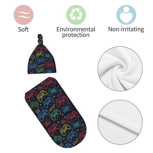 Image of Game Controller Gaming Newborn Baby Swaddle Blanket Baby Stuff,with Beanie hat Sets, Soft Gifts for Unisex Boys Girls Shower Infant