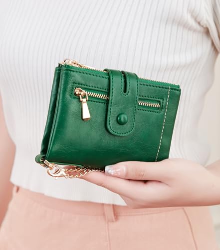 Image of AOXONEL Wallets for Women Small Rfid Bifold Leather Ladies Wallet,Travel Billfolds Medium Size Card Holder with Removable Wristlet Chain,Multi-Card Slots,ID Window,Double Zipper Coin Pocket (Green)