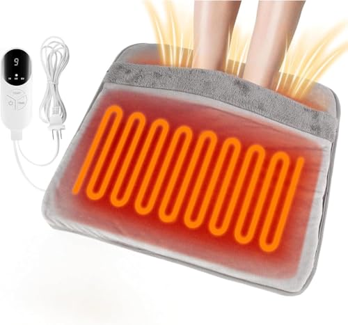 Electric Heated Foot Warmer for Feet, Double Sided Feet Warmer Foot Heating Pad with 9 Levels Temp and 3 Timers, Foot Warmers for Bed, Under Desk, Office, Birthday Christmas Gifts for Women Men(Grey)