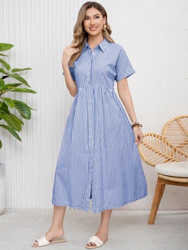 ebossy Women's Boho Striped Shirt Dress Button Up Side Slit Loose Mid Long Cotton Dress with Pockets2