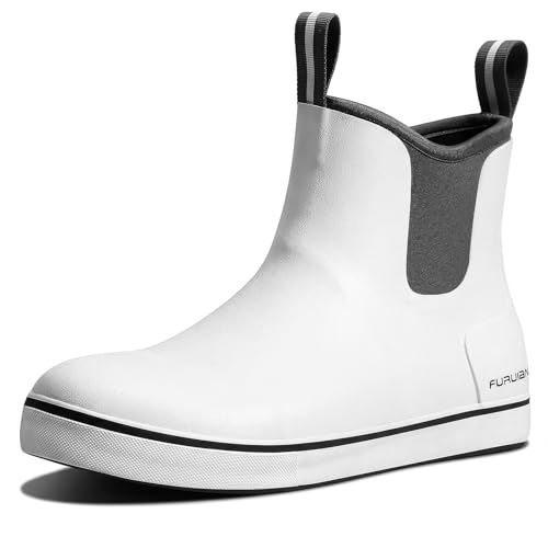 Furuian Men's Deck Boots Fishing Boots Waterproof Rain Boots Ankle Booties Slip On Neoprene Rubber Footwear Chelsea Boots Men botas para hombre for Gardening Fishing Boating Camping Sailing, White 10