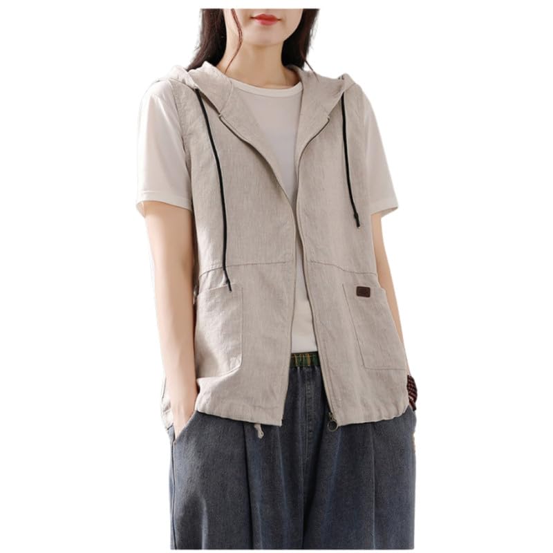 Women’s Hooded Linen Vest Sleeveless Cardigan Jacket Loose Fit Spliced Design for Spring & Autumn