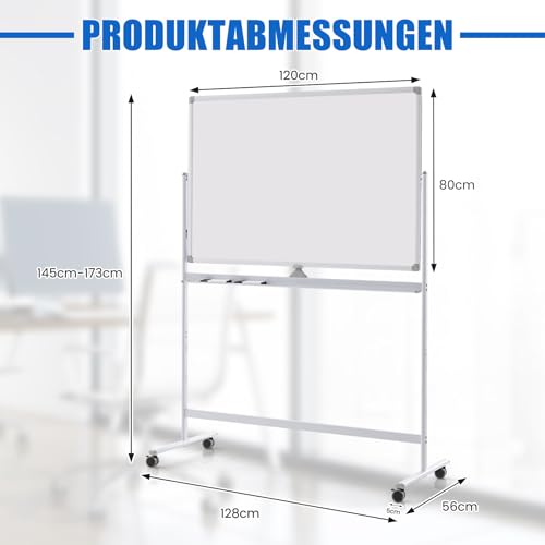 COSTWAY Doppelseitiges mobiles Whiteboard, 120 x 80 cm, höhenverstellbares magnetisches Whiteboard mit Rollen, Ständer und Stiftablage, inkl. Zubehör für Schule, Büro, Zuhause (Weiß)