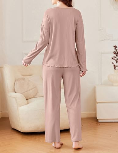 Ekouaer Womens Ribbed Knit Pajamas Set V Neck Long Sleeve Pj Set 2 Piece Loungewear Casual Sleepwear