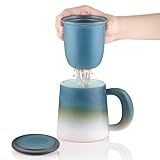 ecooe tazza da tè con colino e coperchio, 420 ml (piena capacità), in ceramica, con colino da tè, per tè sfuso, blu e bianco, con manico