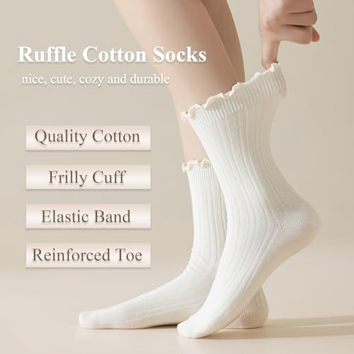 Women's Ruffle Socks - Crew Cotton Ankle Socks, Frilly, Ribbed, Ultra Soft, Lettuce Green, 6 Pack2
