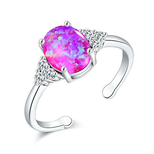 CiNily 14K White Gold Plated Dainty Pink Fire Opal Expandable Open Cuff Rings Adjustable Promise Band Ring for Women Teen Girls