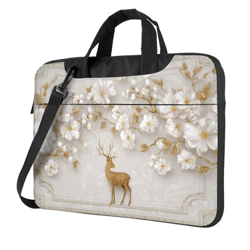 Housse PC portable 15.6 cerf doré et fleurs blanches, protection élégante premium