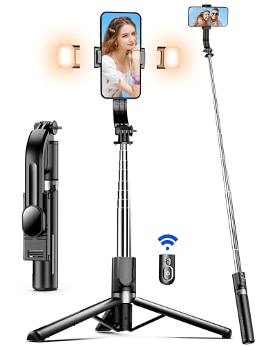 Quixnova Selfie Stick Tripod with 2 Lights, Extendable 5 in 1 Selfie Stick Phone Tripod, Portable Selfie Sticks with Wireless Remote Compatible with iPhone 16/15/14 Pro Max, Samsung, Android, Gopro
