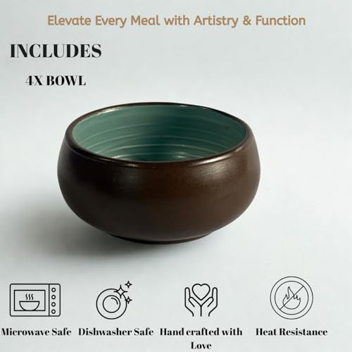 Image of Freakway Handcrafted Ceramic Serving Bowls - Set of 4 | Dual Tone (Brown & Teal) | 150 ml Each | Microwave & Dishwasher Safe