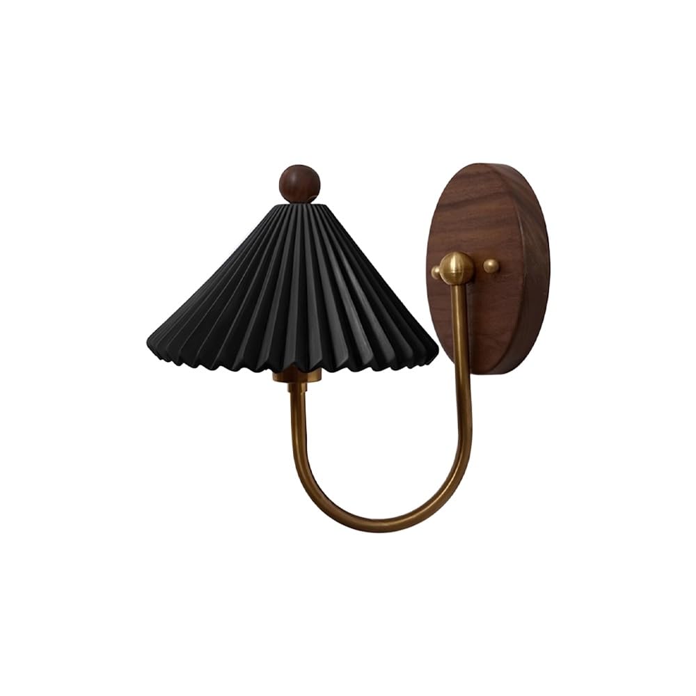 IvyLoutish Modern Nordic Minimalist Wall Sconce, White Pleated Ceramic Cone Shade, Solid Walnut Wood Base, Brass Finish Curved Arm, Aesthetic Accent Light for Bedroom, Study, Hallway, Bedside.(Black)