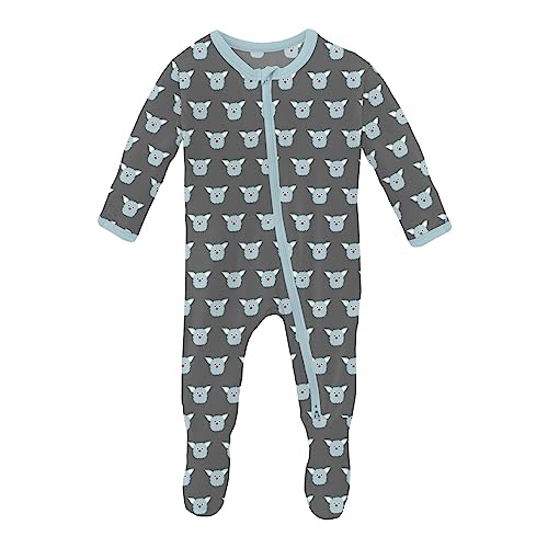 KicKee Print Footie with Zipper, Fitted Long Sleeve Pajamas, Ultra Soft Everyday One-Piece Loungewear, 90s (Pewter Furry Friends - Newborn)