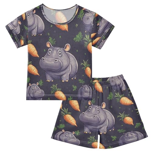 Pajama Sets Short Sleeve Hippo Carrot Pattern Soft Cotton Summer Sleepwear 2 Piece PJS Size 5-14T