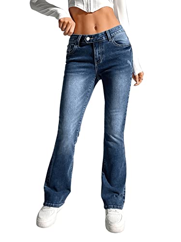SweatyRocks Women's Low Rise Jeans Casual Zipper Fly Flare Leg Denim Pants with Pocket