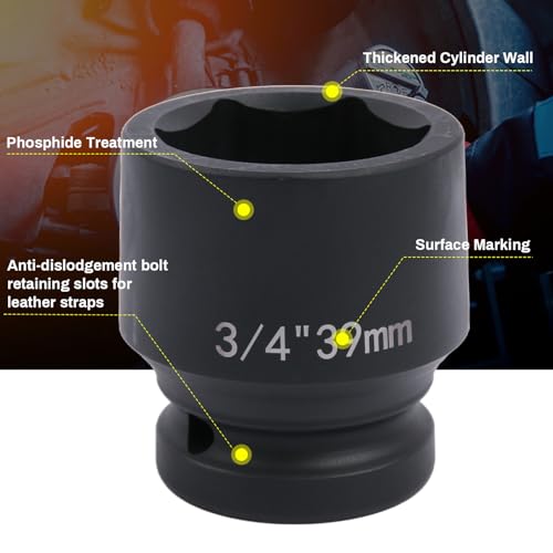 YTKavq 3/4" Drive 39mm Impact Socket,6-Point Standard Impact Sockets Made with Chrome Molybdenum Alloy Steel, Metric