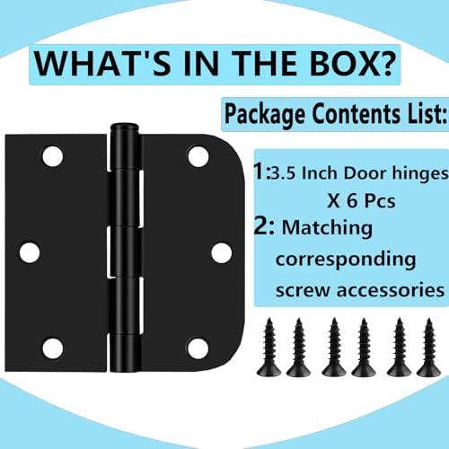 Matte Black Door Hinges,6 Pack Exterior Hinges Doors,3.5x3.5 Inch Black Interior Doors Hinge with Square & Round Corners Durable Steel Hinge Door Hardware