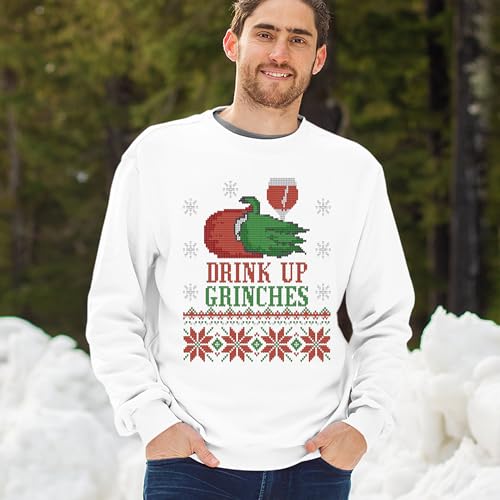 Tee Hunt Drink Up Grinches Suéter feio Festa de Natal Bebendo Gola Redonda, Branco, M